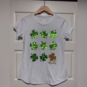 Justice Lucky ☘️ 4 leaf clover flip sequin shirt 18/20 plus st. Patrick’s day